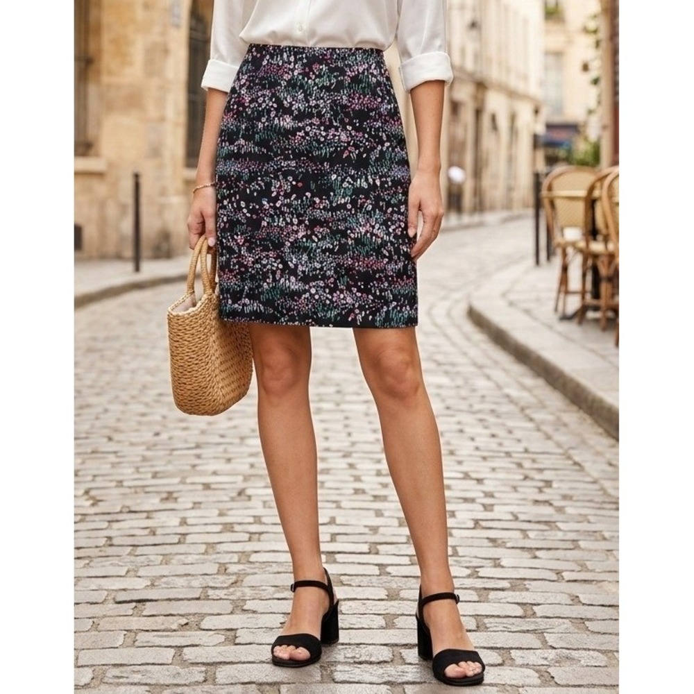 Talbots Petite Black Floral Pencil Skirt Size 12P Cotton Stretch Career Office